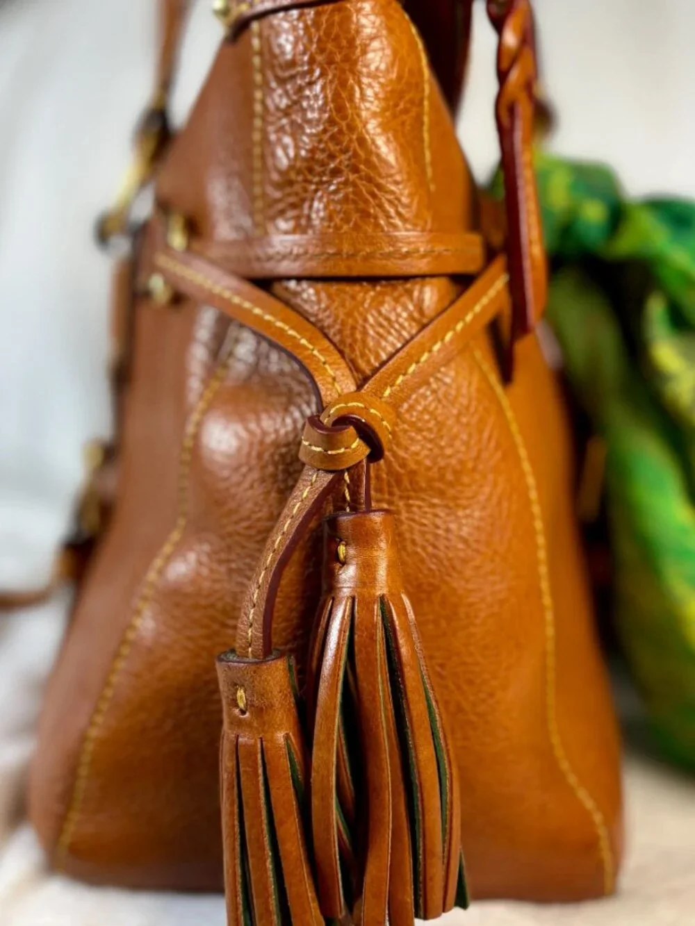 Dooney and Bourke (Old Large) Florentine Tassel Satchel in Chestnut w/ Chain - Picture 8 of 16
